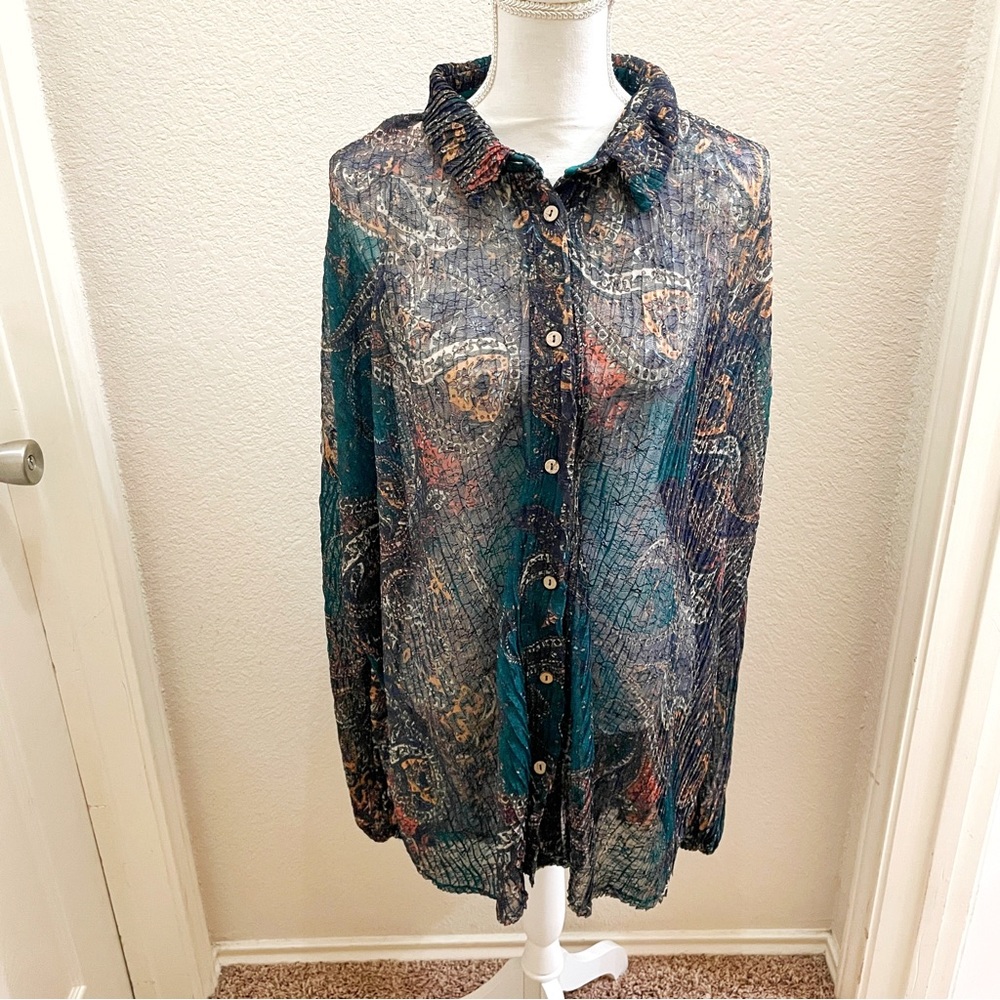 Free People Paisley Button Down Long Sleeve Tunic Sheer Blouse Size Large